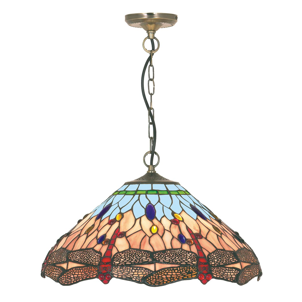 Searchlight Dragonfly Hanglamp Antique Messing Metaal & Stained Glas