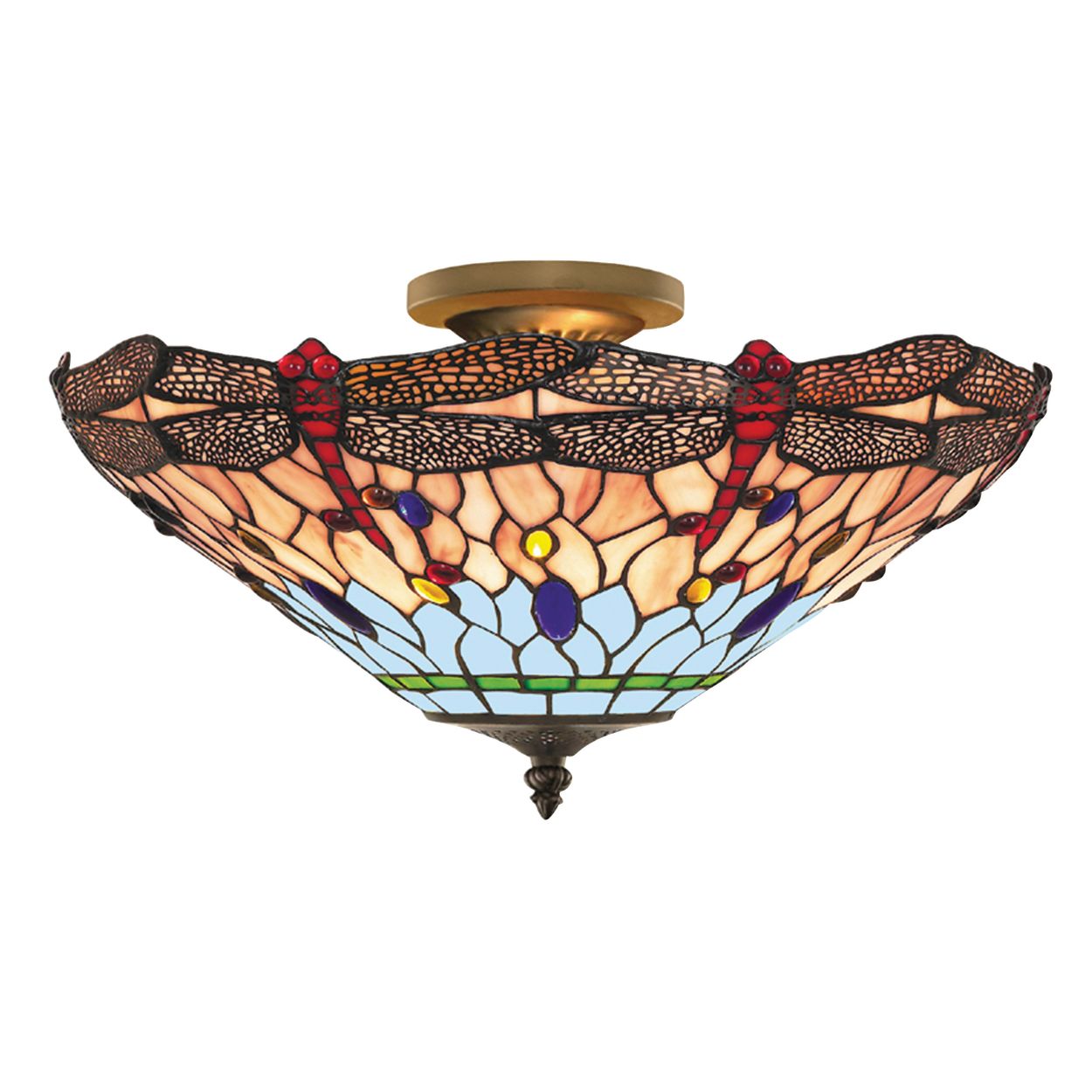 Searchlight Dragonfly Semi Flush Antique Messing Metaal & Stained Glas