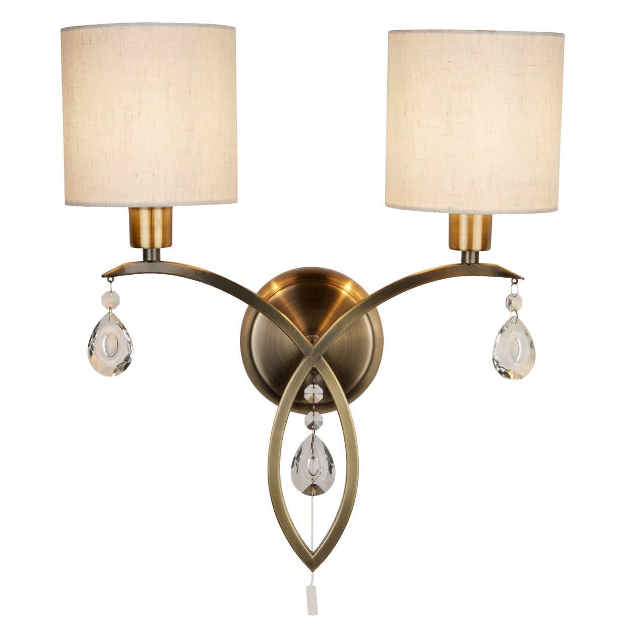 Searchlight Alberto 2Lt Wandlamp Antique Messing, Kristal & Linnen Lampenkap