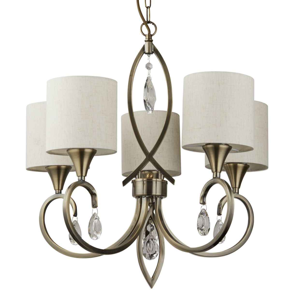 Searchlight Alberto 5Lt Hanglamp Antique Messing, Kristal & Linnen Lampenkap