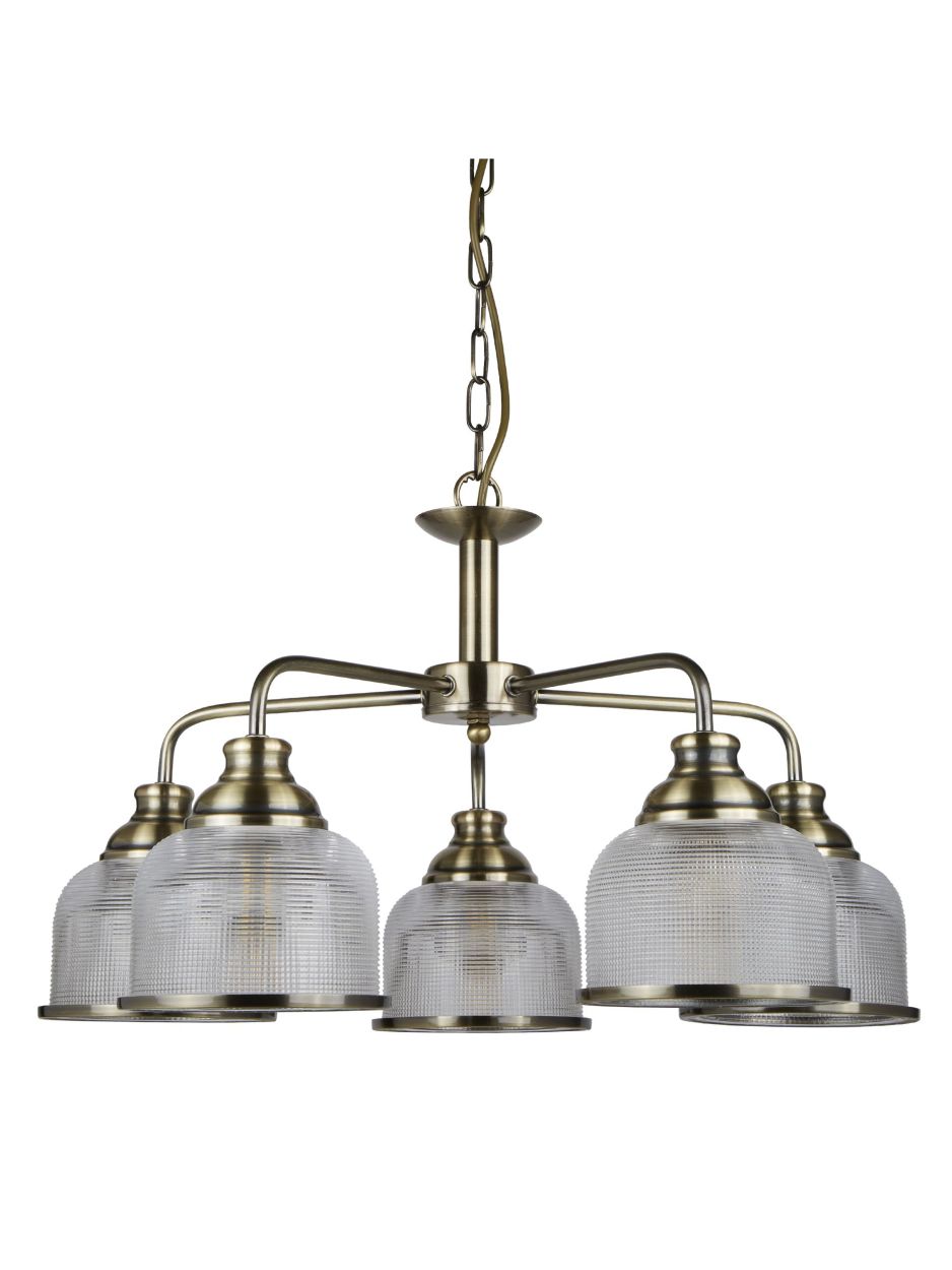 Searchlight Bistro II 5Lt Hanglamp Antique Messing & Holophane Style Glas