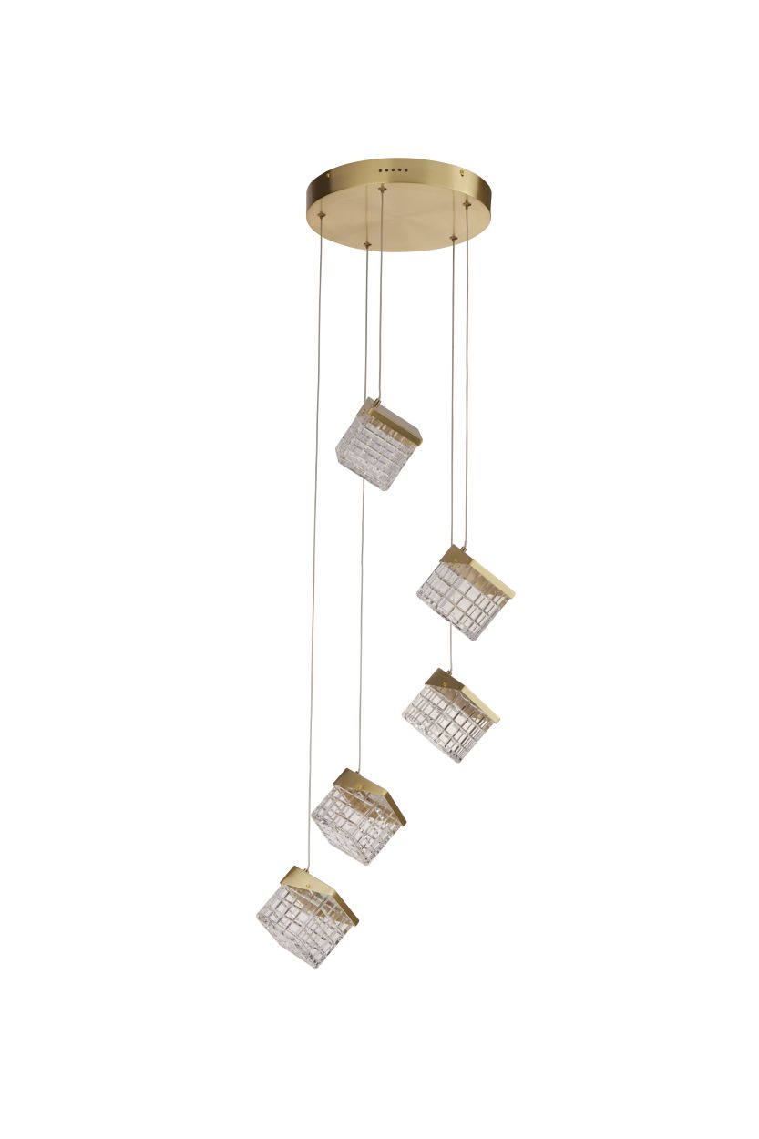 Searchlight Cuboid 5Lt LED Multi Drop Hanglamp, Satin Messing Metaal with Cl
