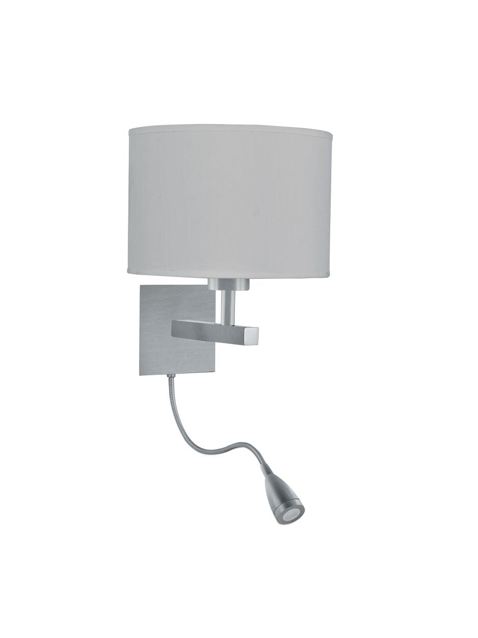 Searchlight Hotel LED Dual Arm Wandlamp Satin Zilver & Stof Lampenkap