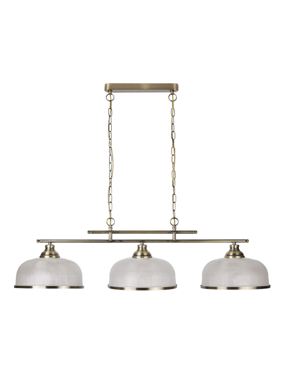 Searchlight Bistro II 3Lt Hanglamp Antique Messing & Holophane Style Glas