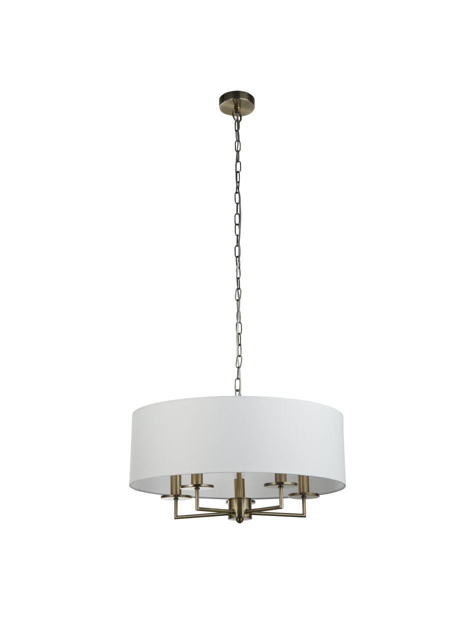 Searchlight Knightsbridge 5Lt Hanglamp Antique Messing & Wit Linnen Lampenkap