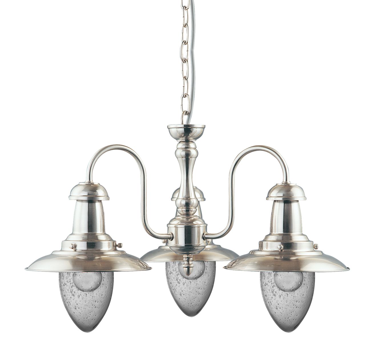 Searchlight Fisherman II 3Lt Hanglamp Satin Zilver & Helder Seeded Glas