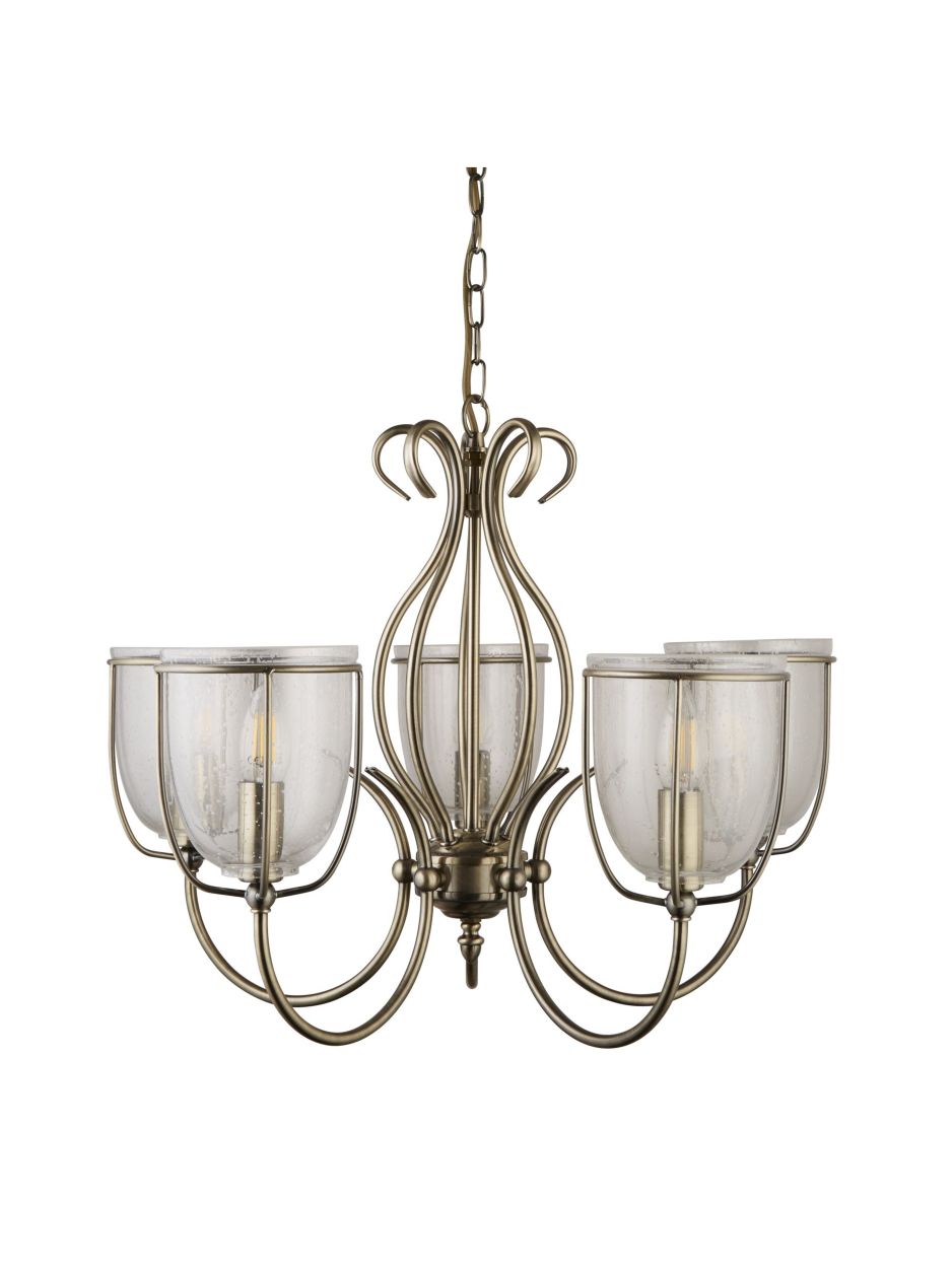 Searchlight Silhouette 5Lt Hanglamp Antique Messing Metaal & Seeded Glas