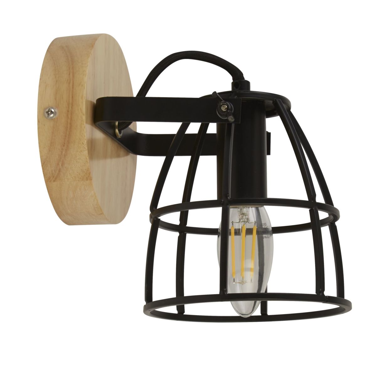 Searchlight Vision Rond Wandlamp Mat Zwart Metaal & Hout