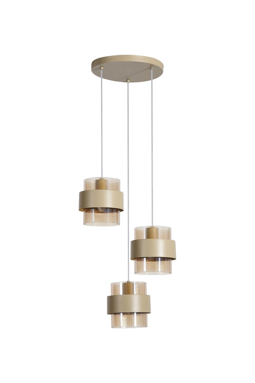 Searchlight Royal 3Lt Multi Drop Hanglamp, Sand Metaal, Amber Ribbed Glas