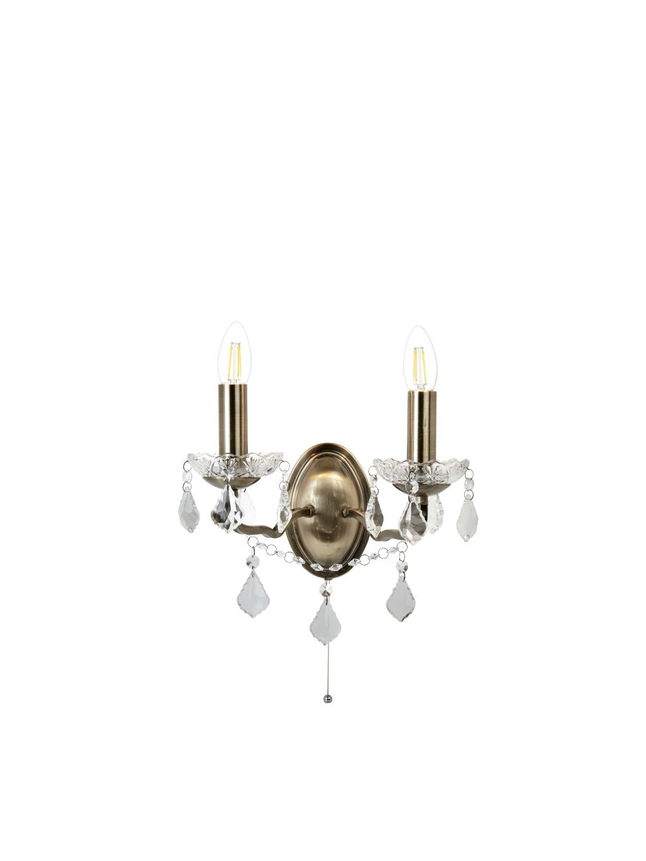 Searchlight Paris 2Lt Wandlamp Antique Messing Metaal & Helder Kristal