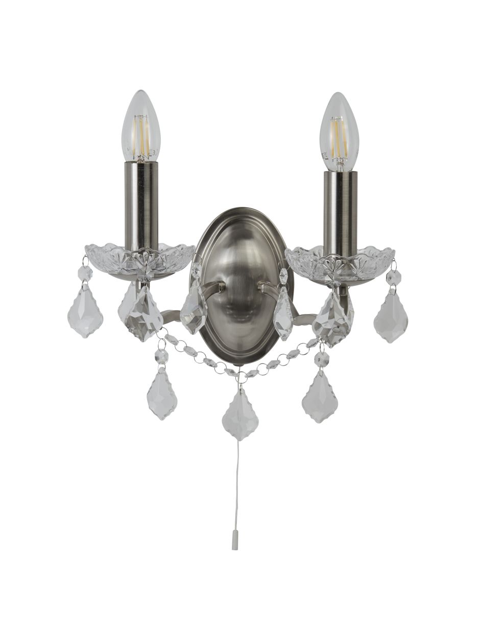 Searchlight Paris 2Lt Wandlamp Satin Zilver & Helder Kristal Drops