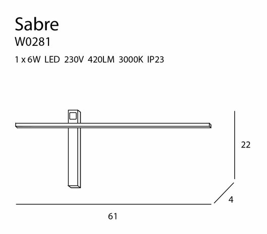MAXLIGHT W0281 Wandlamp SABRE 61 cm Zwart IP23, Dimbaar met Touchdimmer