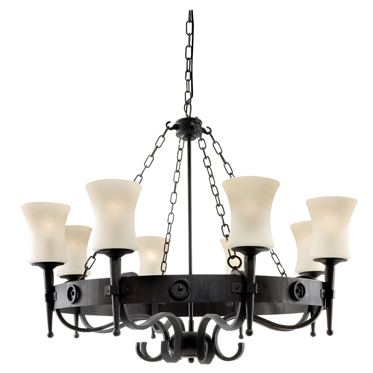 Searchlight Cartwheel 8Lt Hanglamp Zwart Metaal & Sanded Glas