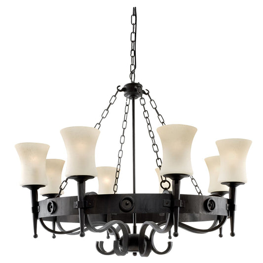 Searchlight Cartwheel 8Lt Hanglamp Zwart Metaal & Sanded Glas