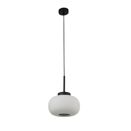 Searchlight Lumina Hanglamp Zwart Metaal & Opal Ribbed Glas