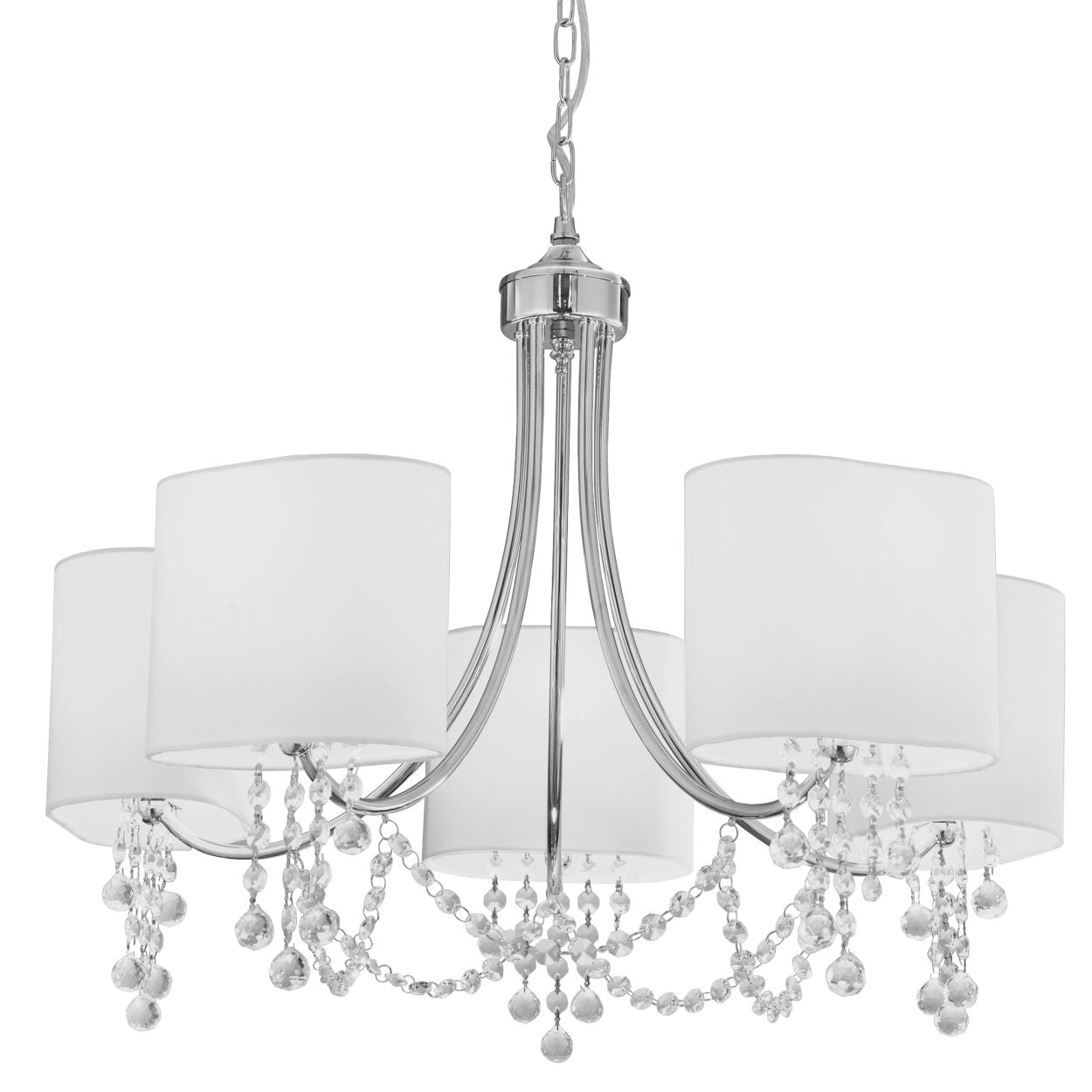 Searchlight Nina 5Lt Hanglamp Chroom, Kristal & Stof Shades