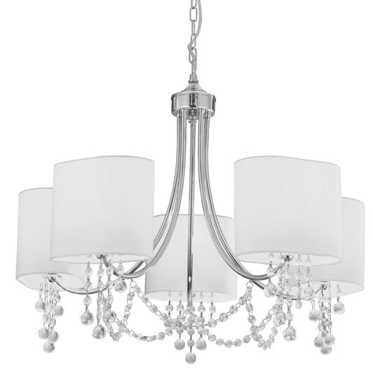 Searchlight Nina 5Lt Hanglamp Chroom, Kristal & Stof Shades