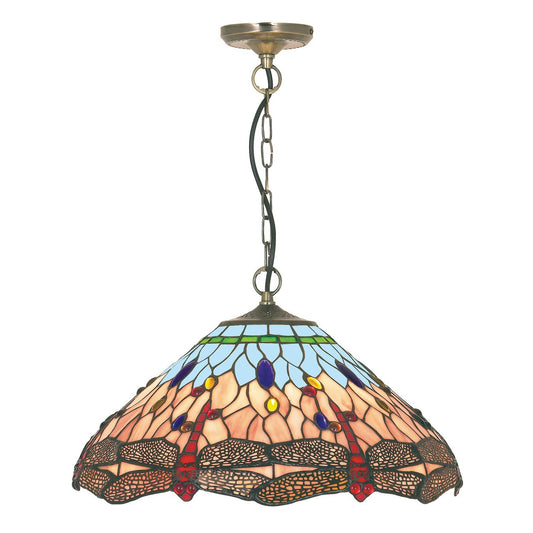 Searchlight Dragonfly Hanglamp Antique Messing Metaal & Stained Glas