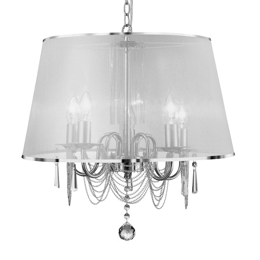 Searchlight Venetian 5Lt Pendant  -  Chrome, Voile Shade & Crystal Glass