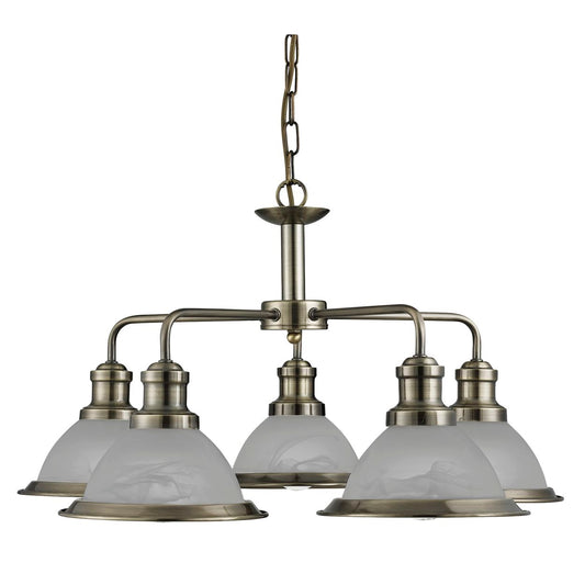 Searchlight Bistro 5Lt Hanglamp Antique Messing Metaal & Acid Glas