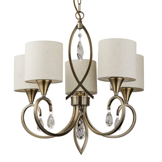 Searchlight Alberto 5Lt Hanglamp Antique Messing, Kristal & Linnen Lampenkap