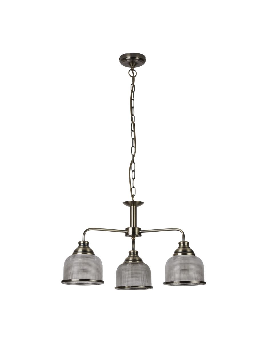 Searchlight Bistro II 3Lt Hanglamp Antique Messing & Holophane Style Glas