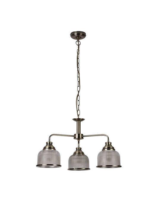Searchlight Bistro II 3Lt Hanglamp Antique Messing & Holophane Style Glas