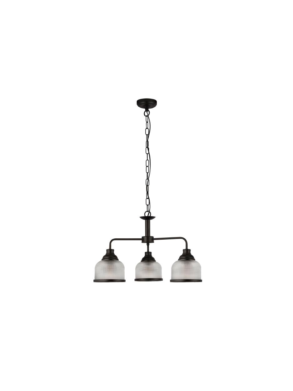 Searchlight Highworth 3Lt Hanglamp Zwart Metaal & Holophane Style Glas