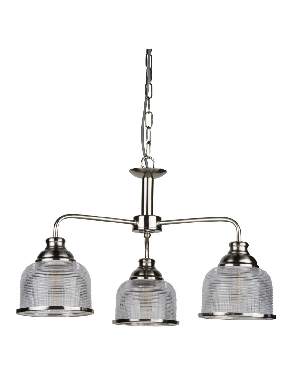 Searchlight Bistro II 3Lt Hanglamp Satin Zilver & Holophane Style Glas