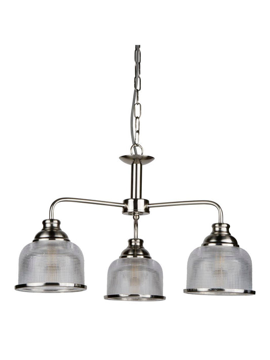 Searchlight Bistro II 3Lt Hanglamp Satin Zilver & Holophane Style Glas