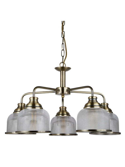 Searchlight Bistro II 5Lt Hanglamp Antique Messing & Holophane Style Glas
