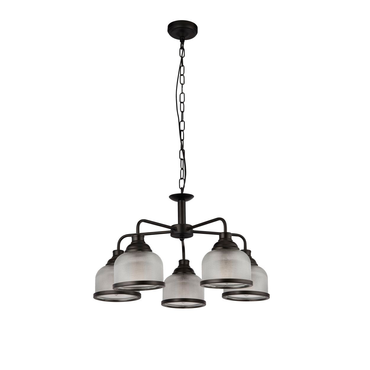 Searchlight Highworth 5Lt Hanglamp Zwart Metaal & Holophane Style Glas
