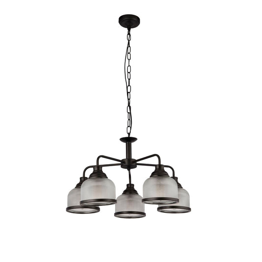 Searchlight Highworth 5Lt Hanglamp Zwart Metaal & Holophane Style Glas