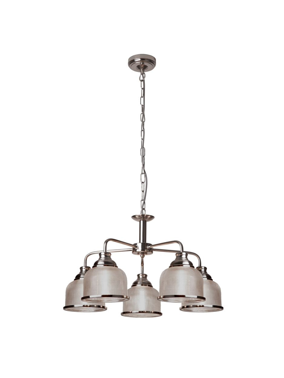 Searchlight Bistro II 5Lt Hanglamp Satin Zilver & Holophane Style Glas
