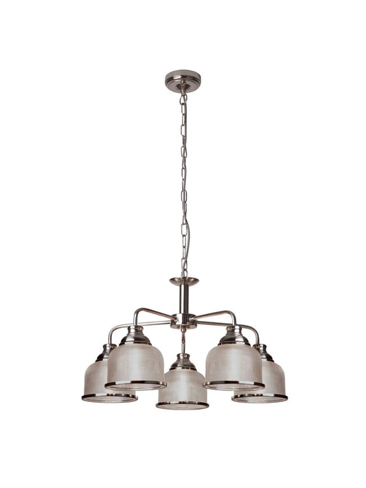 Searchlight Bistro II 5Lt Hanglamp Satin Zilver & Holophane Style Glas