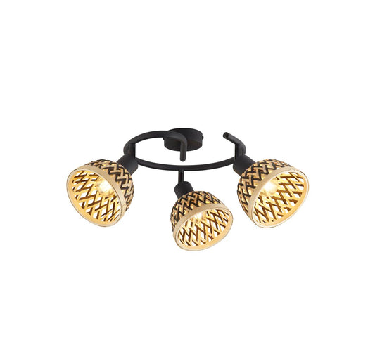 Searchlight Lance 3Lt Rond Spot Zwart Metaal & Bamboo Lampenkap