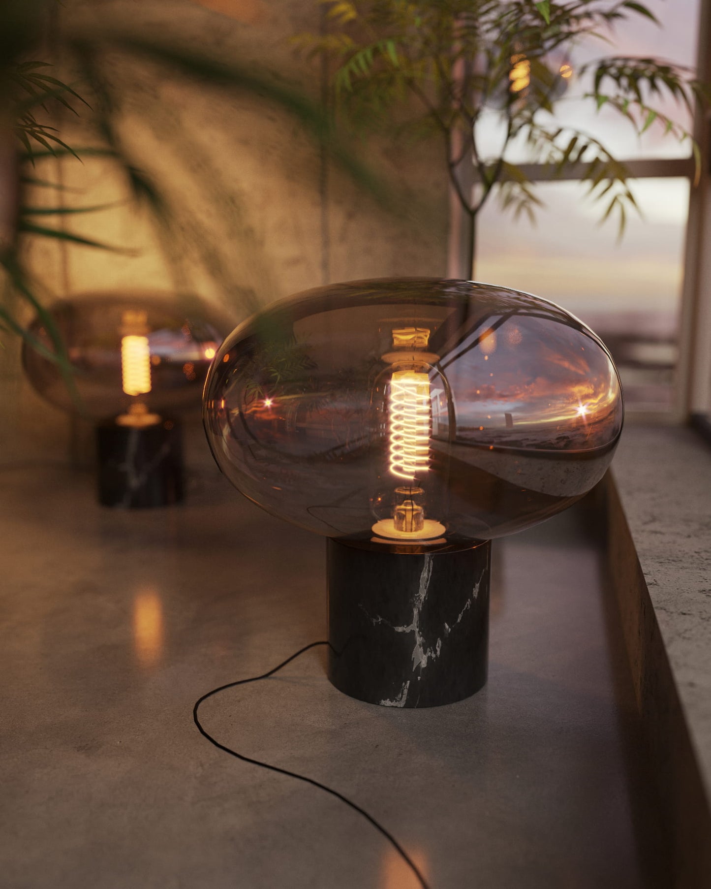 Maxlight T0058 Tafellamp Moonstone Amber Glas + Zwart Marmer