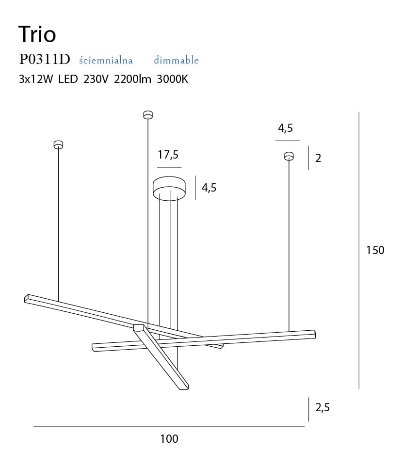 Maxlight P0311D Hanglamp Trio 3 Dimbaar