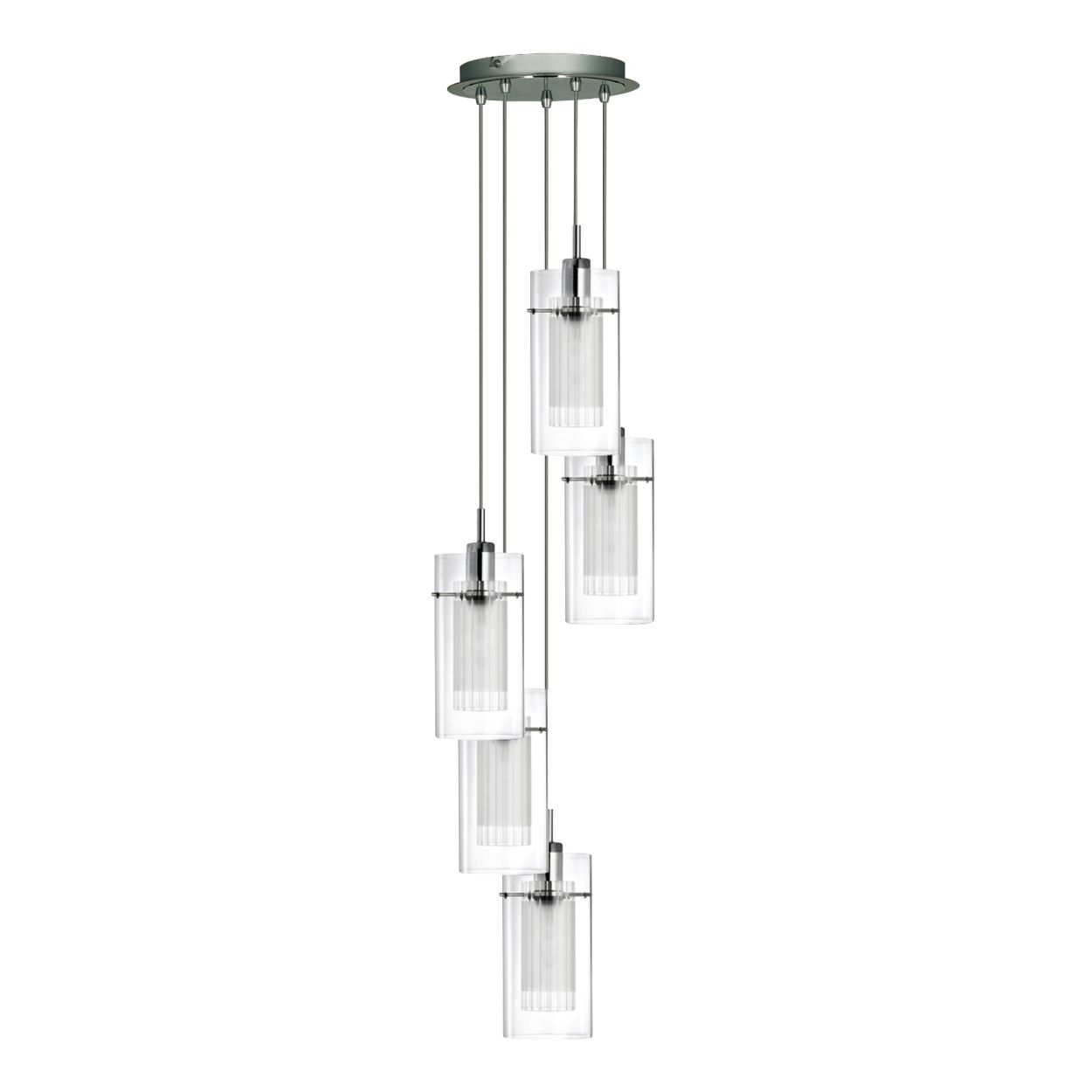 Searchlight Duo I 5Lt Multi Drop Hanglamp Satin Zilver Metaal & Glas