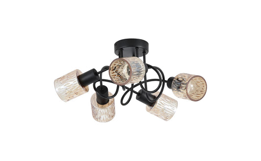 Searchlight Knot 5Lt Plafondlamp, Zwart Metaal with Amber Glas Lampenkap