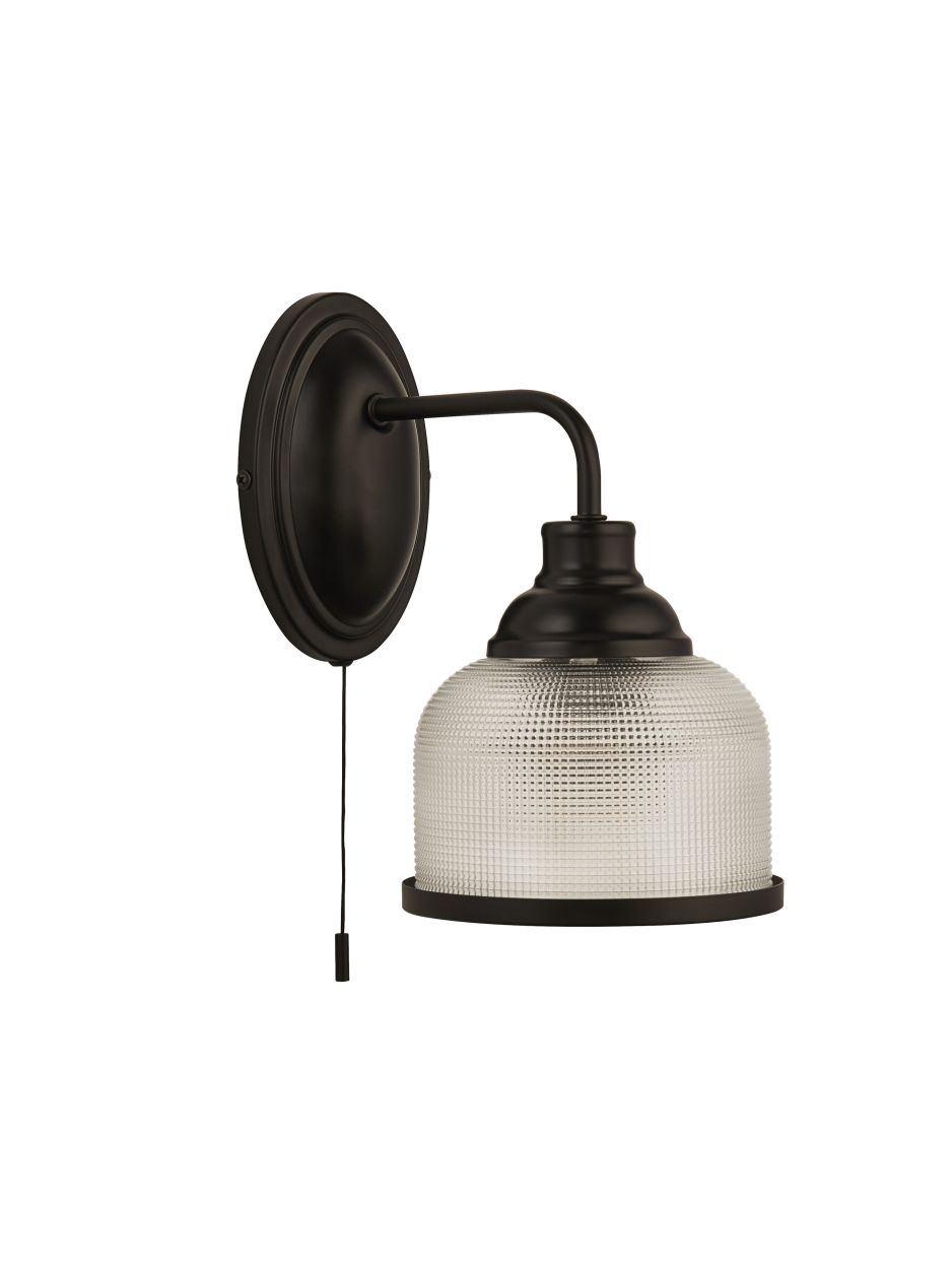 Searchlight Highworth Wandlamp Mat Zwart Metaal,Holophane Style Glas