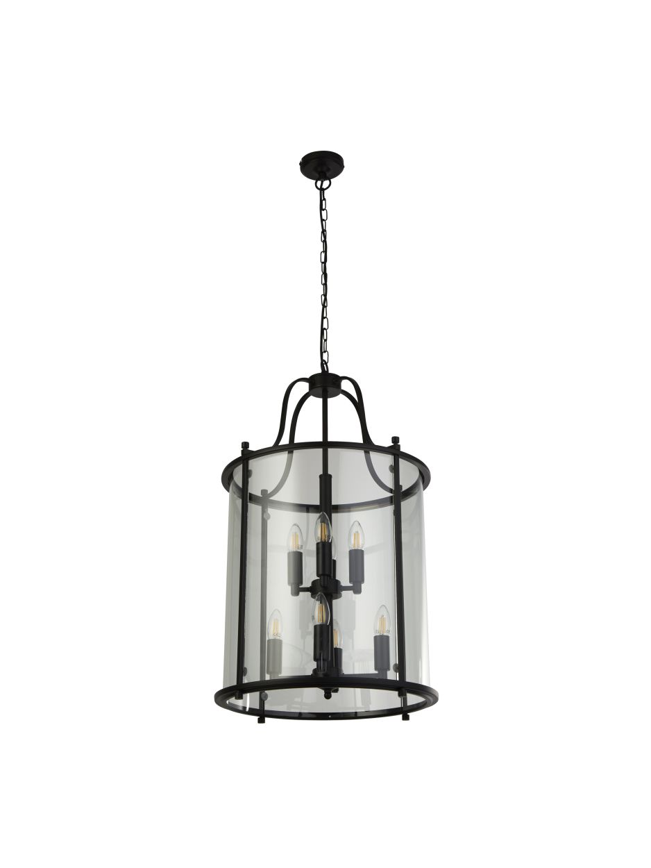Searchlight Lantaarn Grande 8Lt Hanglamp Zwart Metaal & Glas