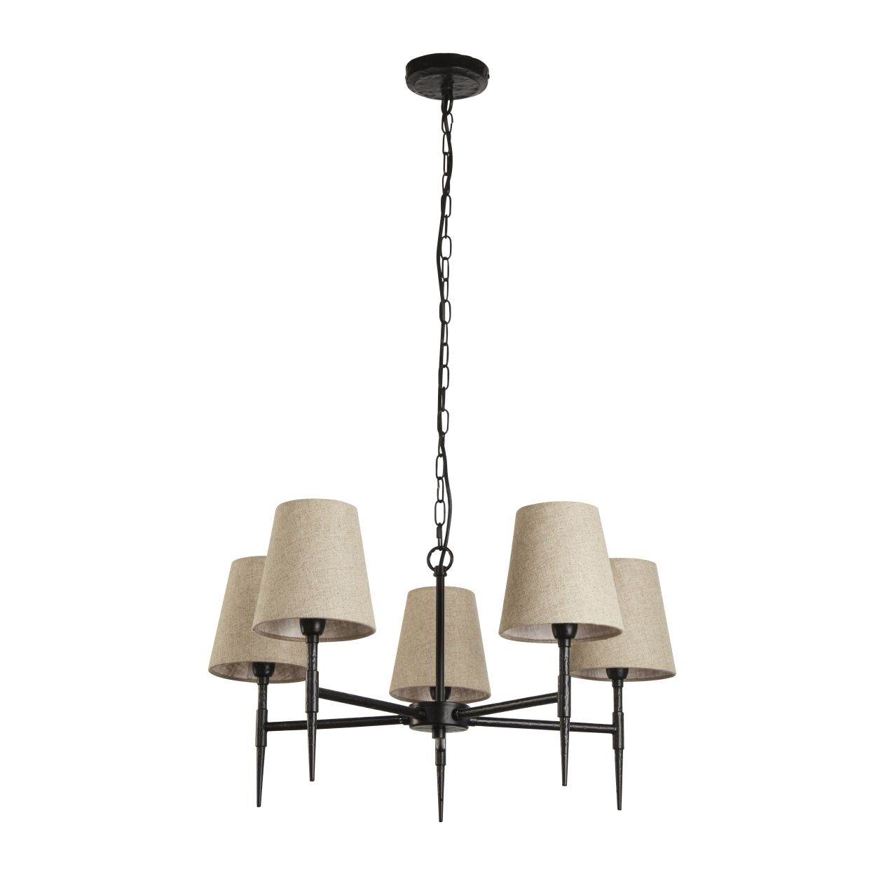 Searchlight Gothic 5Lt Hanglamp Hammered Zwart Metaal & Naturel Linnen