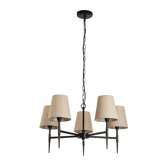 Searchlight Gothic 5Lt Hanglamp Hammered Zwart Metaal & Naturel Linnen