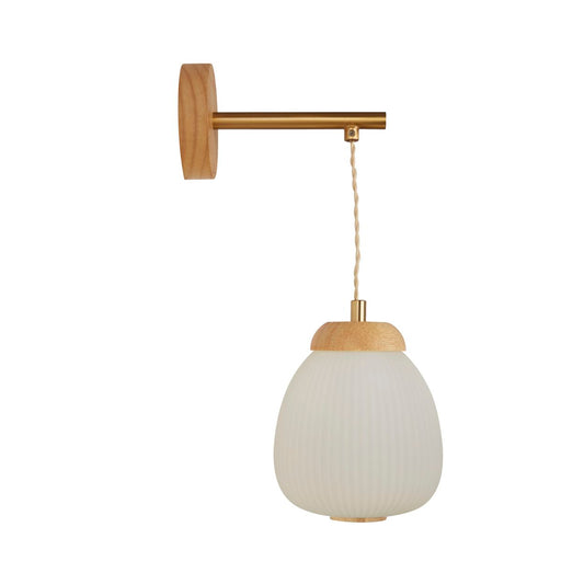 Searchlight Ella Wandlamp Messing Metaal, Hout & Opal Ribbed Glas