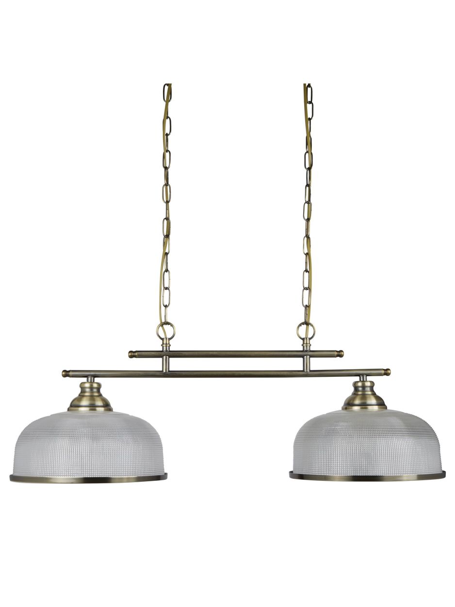 Searchlight Bistro II 2Lt Hanglamp Antique Messing & Holophane Style Glas
