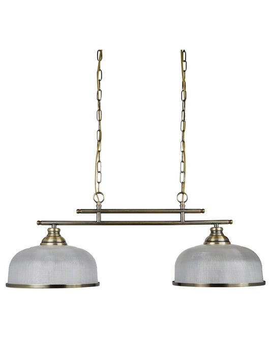 Searchlight Bistro II 2Lt Hanglamp Antique Messing & Holophane Style Glas