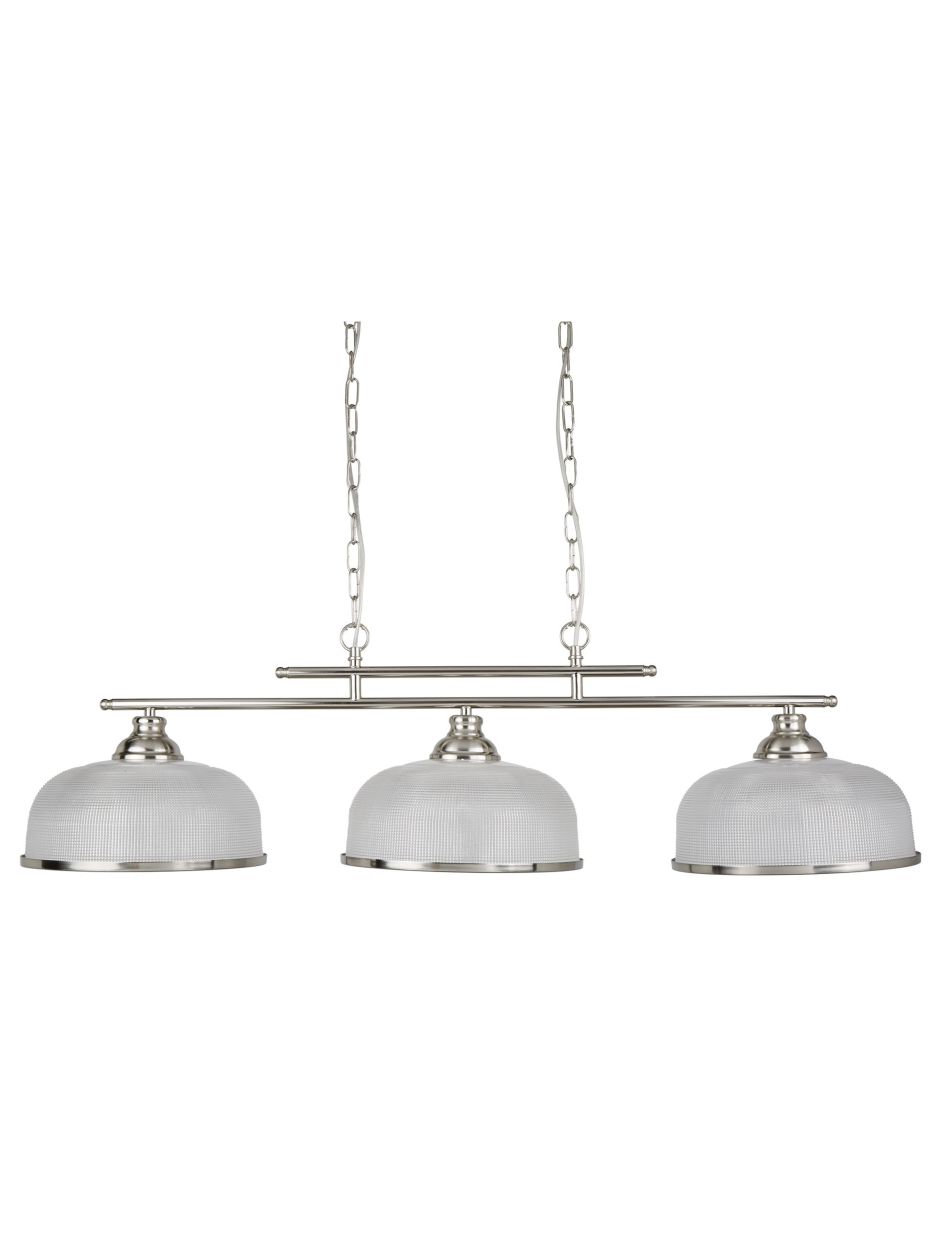 Searchlight Bistro II 3Lt Hanglamp Satin Zilver & Holophane Style Glas