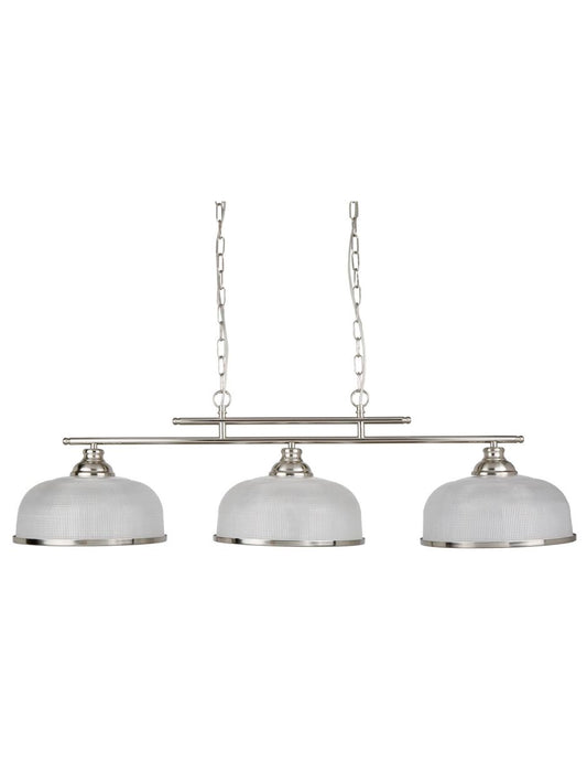 Searchlight Bistro II 3Lt Hanglamp Satin Zilver & Holophane Style Glas