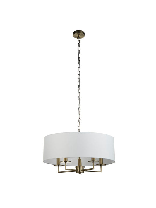 Searchlight Knightsbridge 5Lt Hanglamp Antique Messing & Wit Linnen Lampenkap